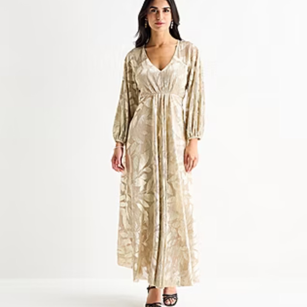 Sam & Jess Gold/ Champagne Leaf Pattern Evening Gown/Maxi Dress Sz XS NWT
